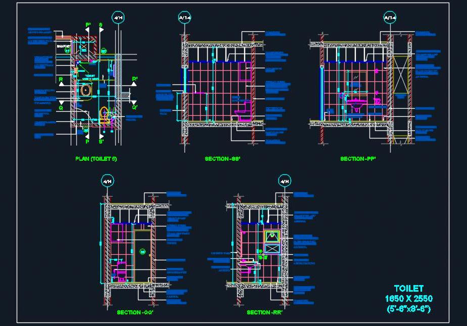 DWG Toilet Design- 5'-6 x 8'-6 Plan with WC, Basin & Shower